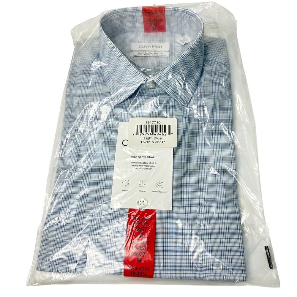 Calvin Klein Light Blue Mini Plaid Tech Active Stretch Mens 15-15 1/2/ Medium